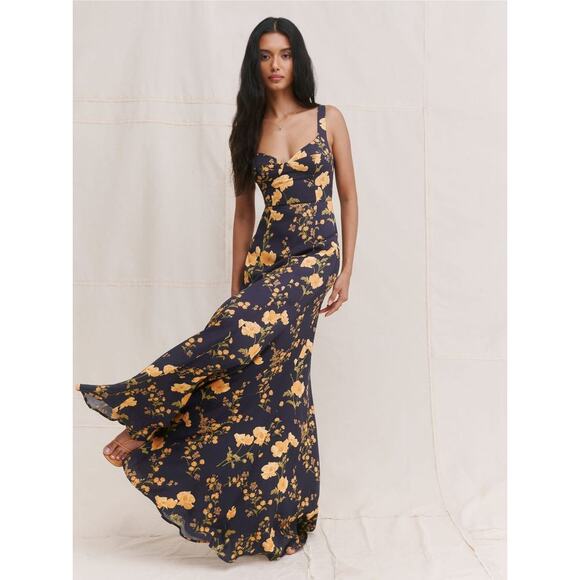 NWT Reformation Lecce MaxiDress Size 2 in Bernadette Navy and Yellow Floral Prom